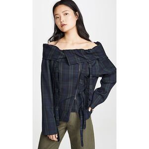 pushBUTTON wool Off Shoulder Jumper Jacket plaid in Navy Size XS